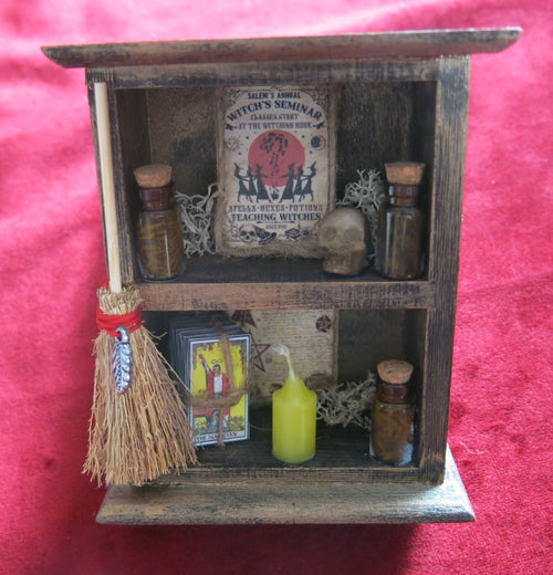 Witchcraft shelf, Witch broom, miniature tarot | Witchcraft cabinet