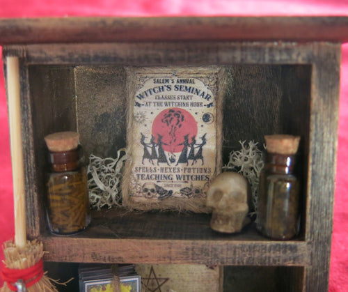 Witchcraft shelf, Witch broom, miniature tarot | Witchcraft cabinet