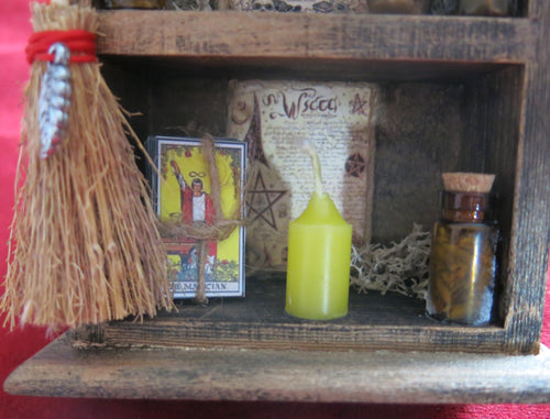 Witchcraft shelf, Witch broom, miniature tarot | Witchcraft cabinet