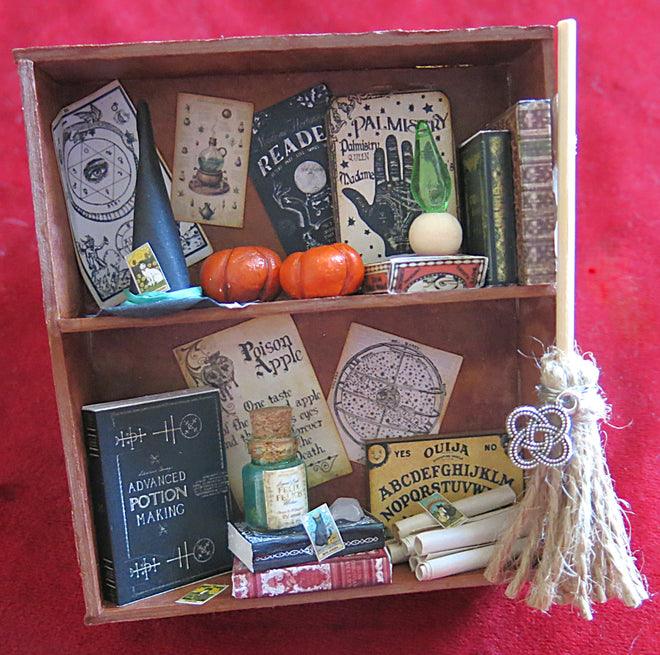 Witchcraft shelf by Pandora, Witch broom, miniature tarot | Witchcraft cabinet