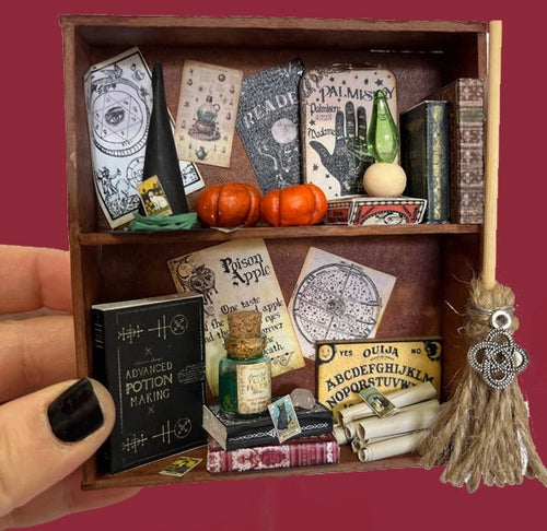 Witchcraft shelf by Pandora, Witch broom, miniature tarot | Witchcraft cabinet