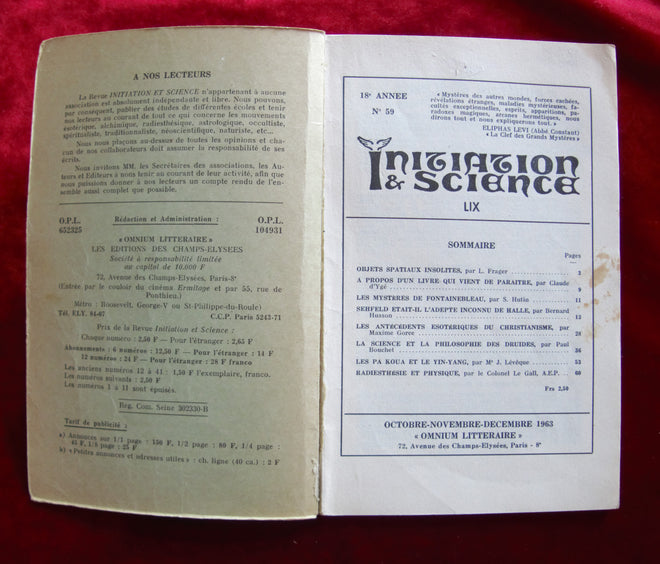 Initiation &amp; Science N° 59 magazine 1963 Livre ésotérique vintage