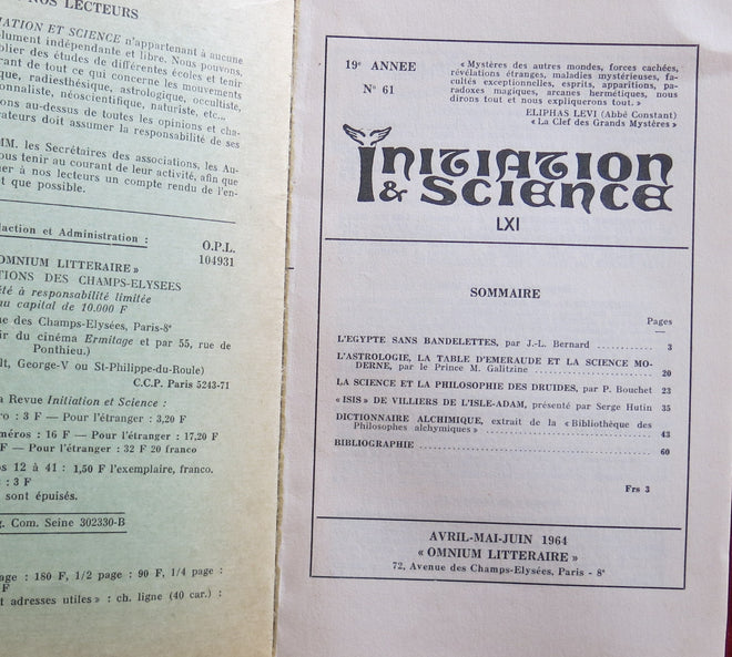 magazine Occulte vintage 1964 - Initiation et Science 61 - Ethique en Druidisme - Astrologie - Philosophie Druide - Esotérisme, Magie - La Table d'Émeraude