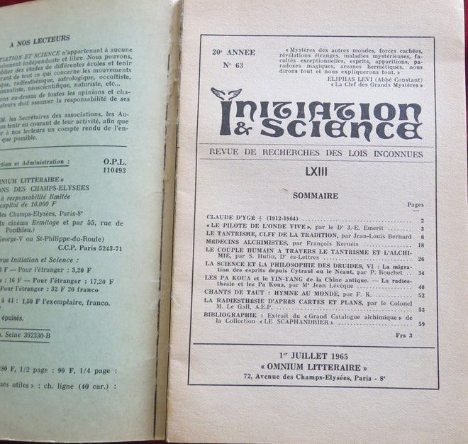 Livre Occulte vintage - Initiation et Science 1965 - Claude d'Ygé, Sexe et Couple tantrique, Radiesthésie